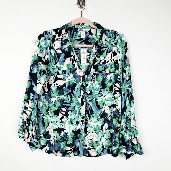 NWT White House Black Market Blouse XS Long Sleeve Blue Green Floral #WHBM2 - Picture 2 of 9
